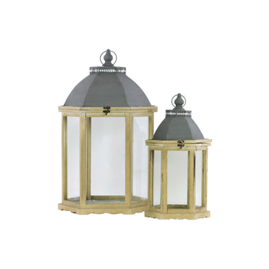 Wood Hexagonal Lantern with Ring Handle- Set of Two- Brown- Benzara