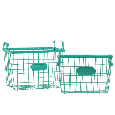 Wire Basket with Handles and Card Holders Set of Two - Green - Benzara