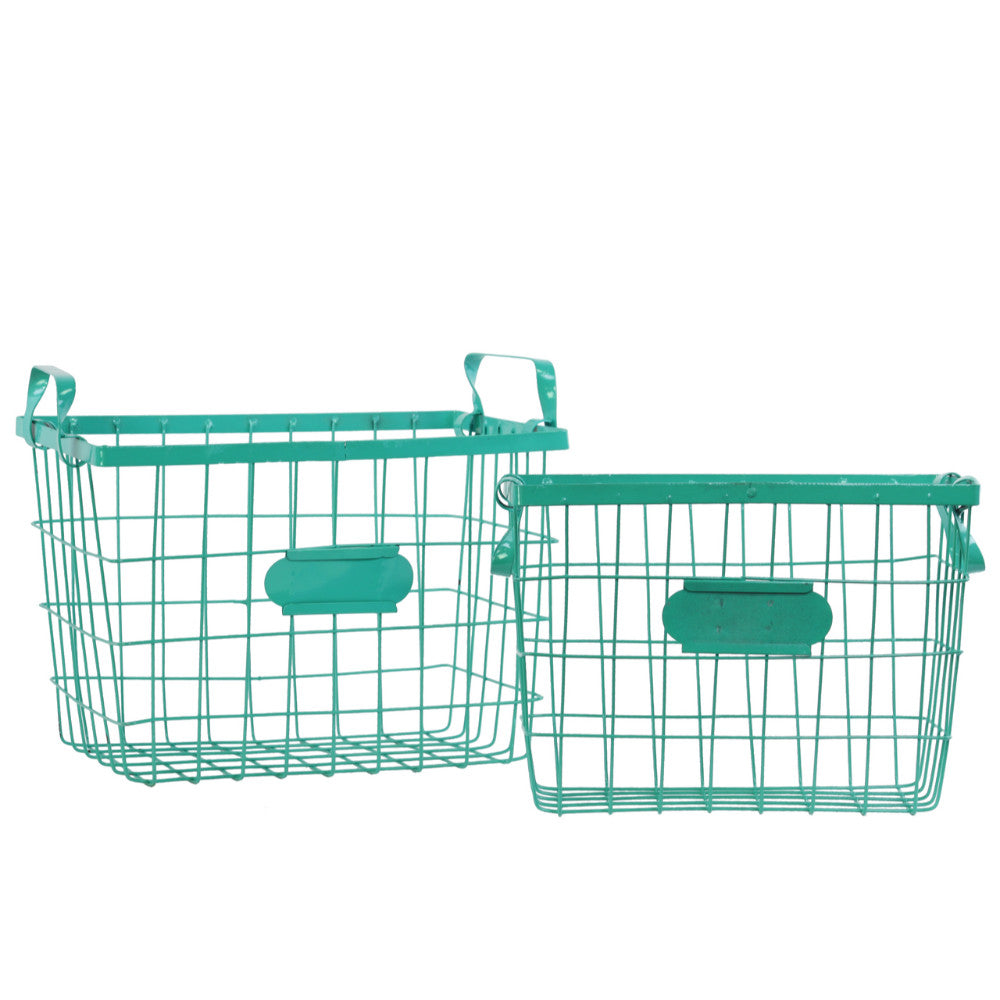 Wire Basket with Handles and Card Holders Set of Two - Green - Benzara