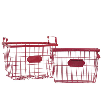 Wire Basket with Handles and Card Holders Set of Two - Red - Benzara