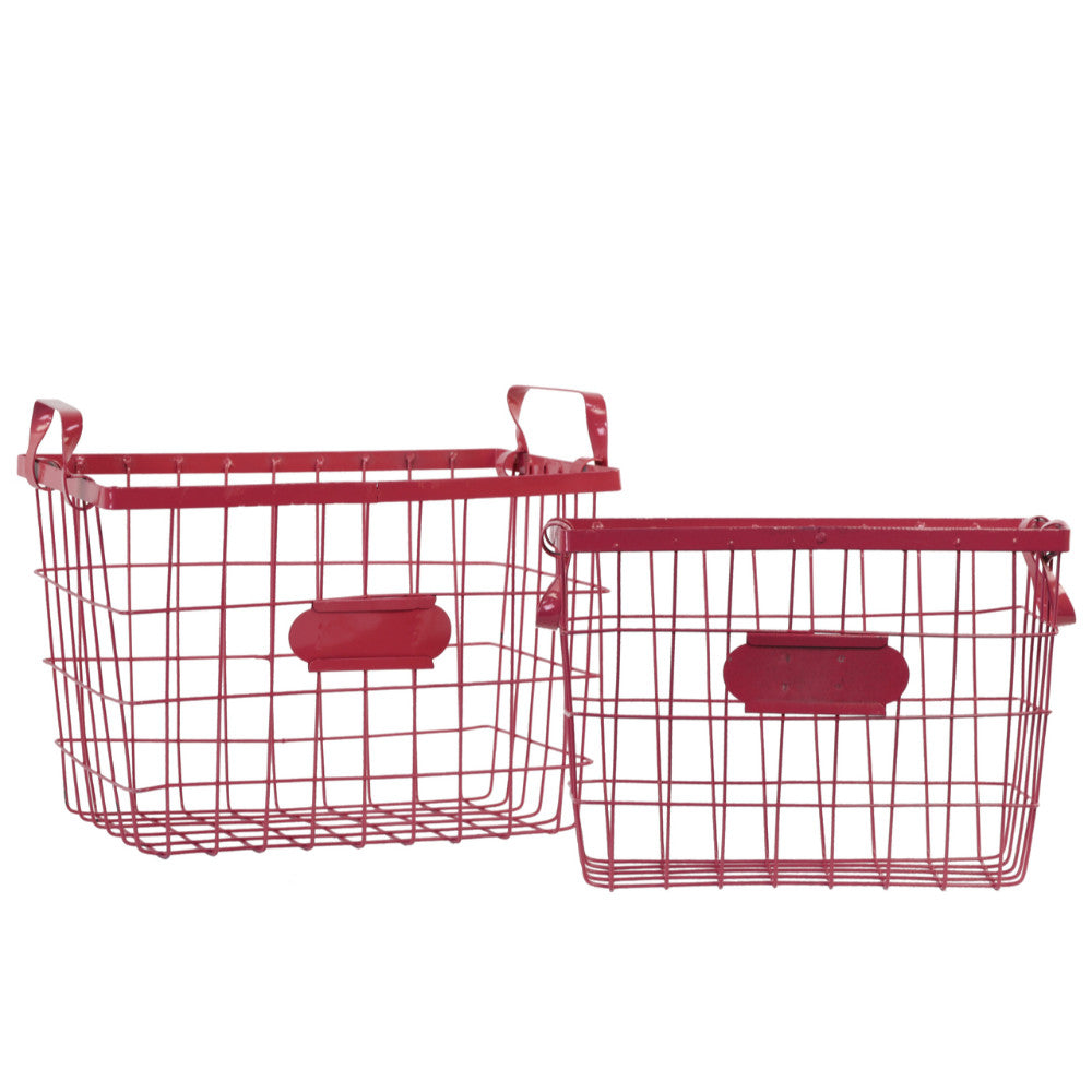 Wire Basket with Handles and Card Holders Set of Two - Red - Benzara