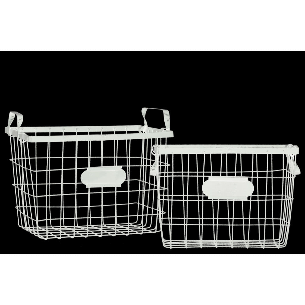 Wire Basket with Handles and Card Holders Set of Two - White - Benzara