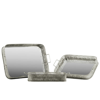 Alluring Rectangular Pierced Design Metal Tray Set of 3 Silver - Benzara