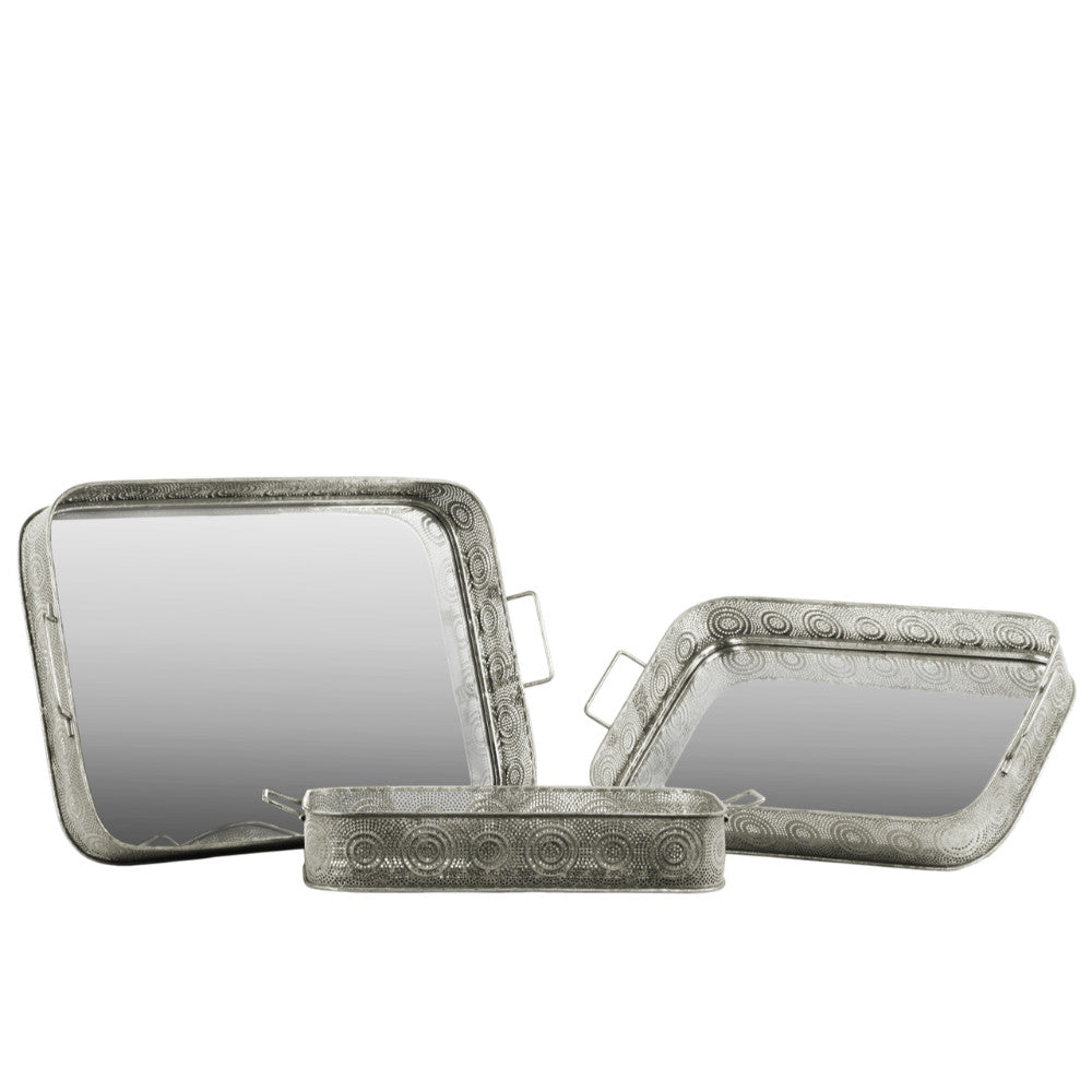 Alluring Rectangular Pierced Design Metal Tray Set of 3 Silver - Benzara