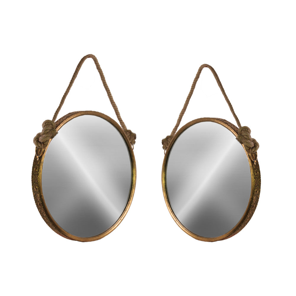 Antiqued Wall Mirror with Rope Handle Set of 2 - Gold - Benzara