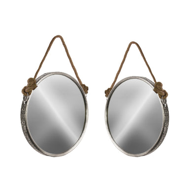 Antiqued Wall Mirror with Rope Handle Set of 2 - Silver - Benzara