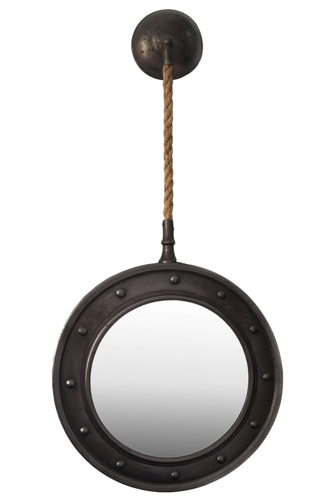 Wall Mirror with Pimpled Frame Design and Rope Hanger - Gray - Benzara