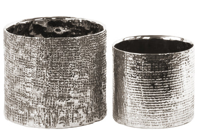 Tall Round Planter with Engraved Crises Cross Design Set of 2- Silver- Benzara
