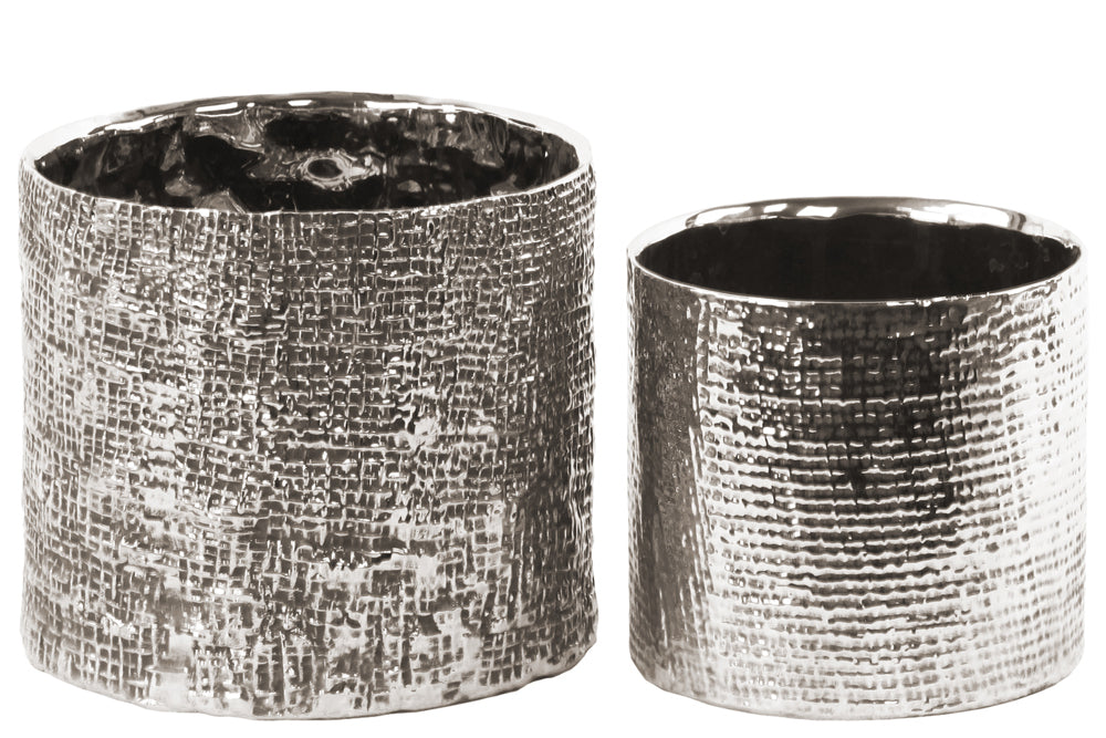 Tall Round Planter with Engraved Crises Cross Design Set of 2- Silver- Benzara
