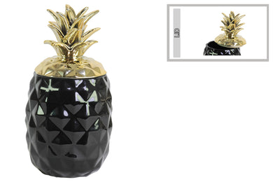 Tropical Pineapple Canister with Gold Lid- Black- Benzara