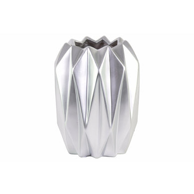 Tall Vase with Uneven Lip and Ribbed Body Design- Silver- Benzara