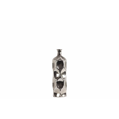 Well- Crafted Round Bottle Vase, Dimpled- Small- Silver- Benzara