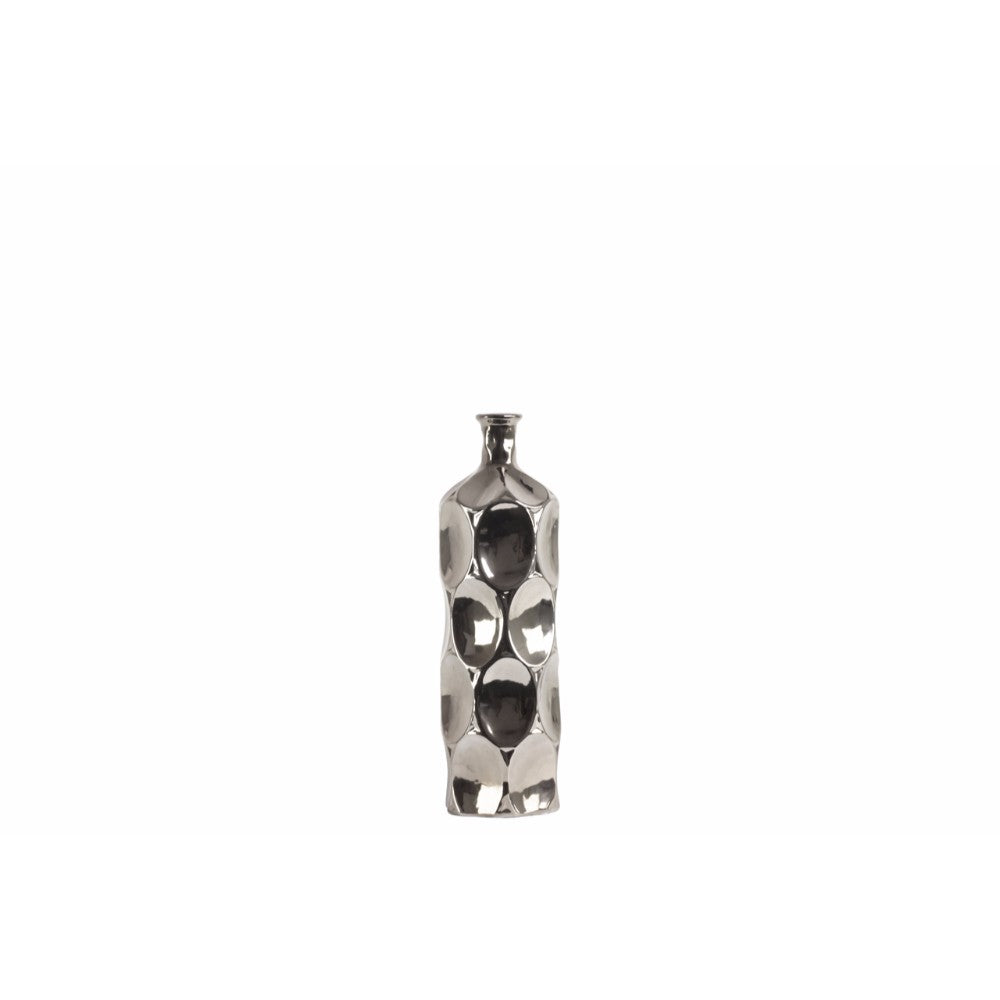 Well- Crafted Round Bottle Vase, Dimpled- Small- Silver- Benzara