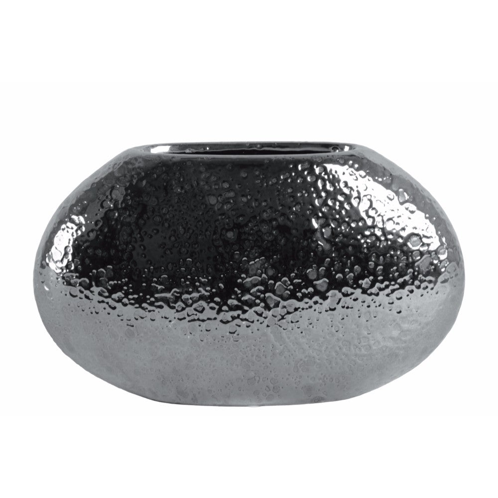 Well- Crafted Ceramic Elliptical Vase Dimpled- Silver- Benzara