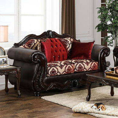 Wilford Cushy Deluxe Love Seat Traditional Style, Brown & Burgundy