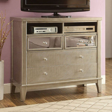 Wooden Media Chest With mirror panels, Silver