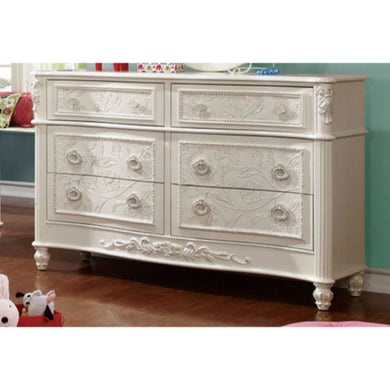 Voguish And Chic Wooden Dresser In Fairy Tale Style With Floral Carved Motif, White