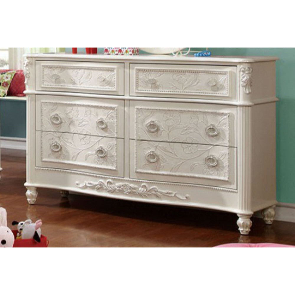 Voguish And Chic Wooden Dresser In Fairy Tale Style With Floral Carved Motif, White