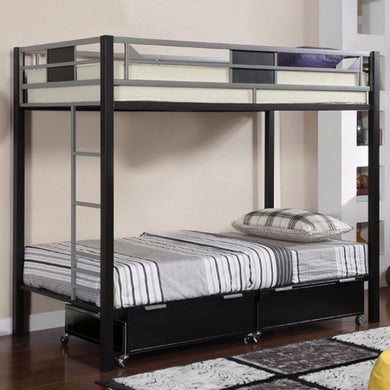 Twin Over Twin Black Metal Bunk Bed, Silver and Black