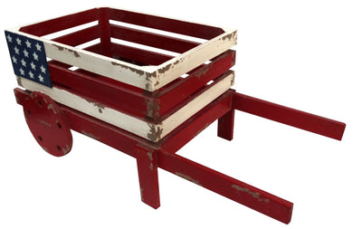 American Flag Wooden Wheel Barrel Planter