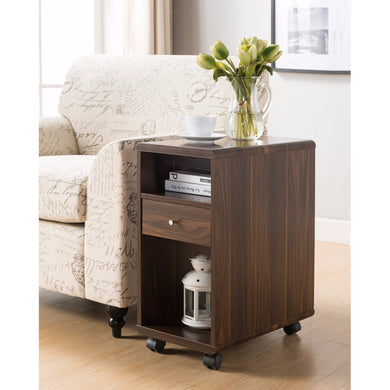 Wooden Chairside Table With Castors, Brown