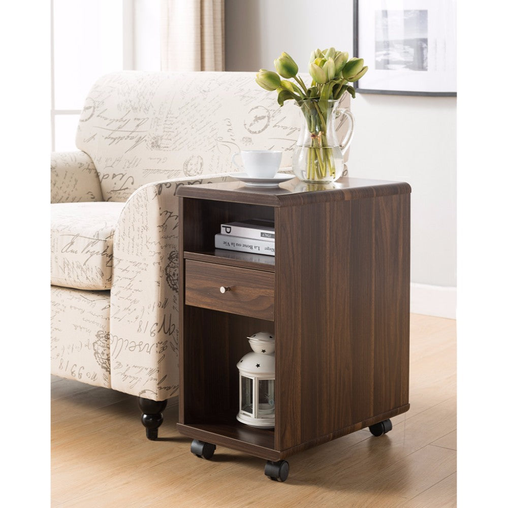 Wooden Chairside Table With Castors, Brown