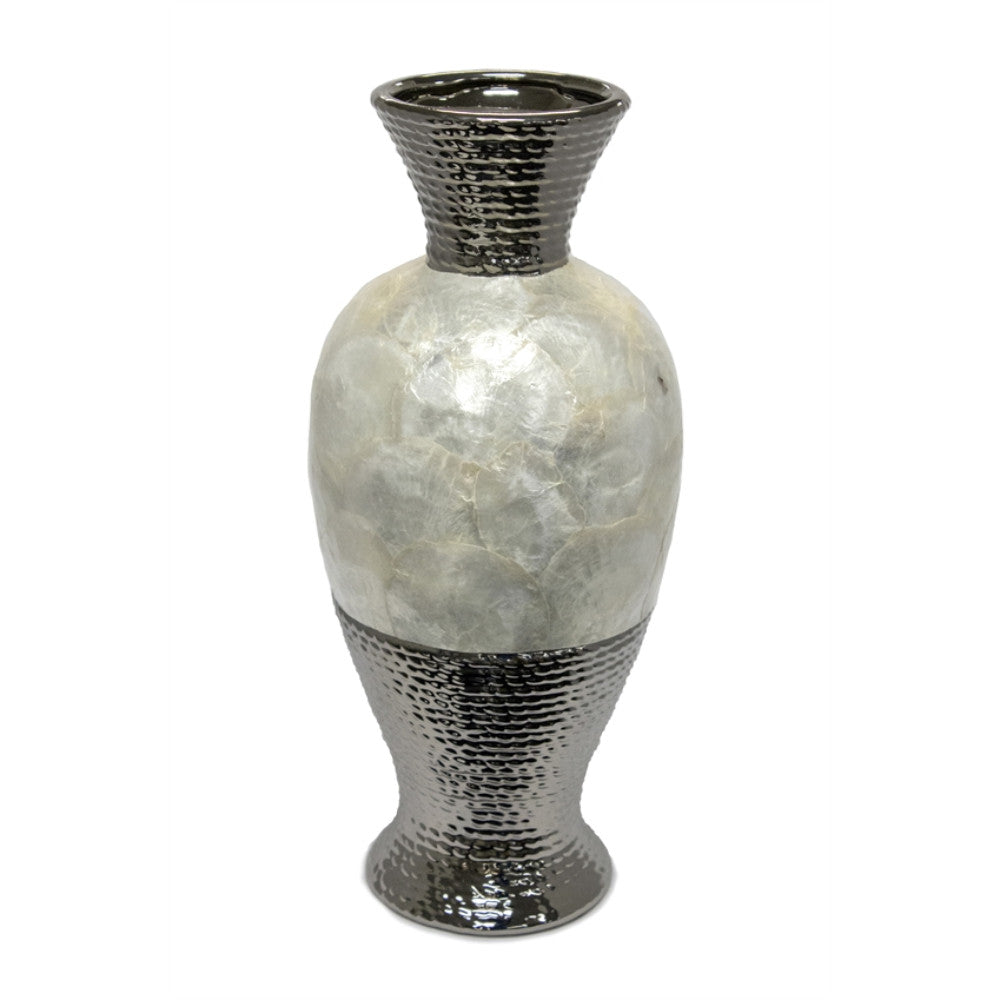 Well-Designed Ceramic Pearl Rotund Vase, Silver And White