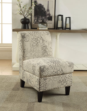Accent Chair With Storage, Pattern Fabric, Cream and Gray