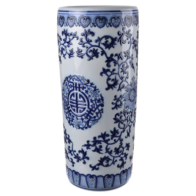 Alluring Cylindrical Tall Ceramic Vase, White and Blue