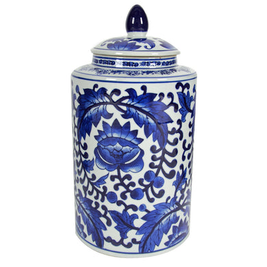 Tall Round Decorative Jar With A Lid, White and Blue