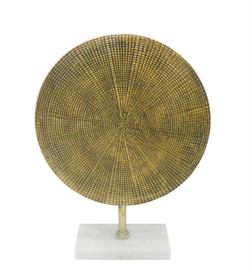 Antique Metal Disk Sculpture On Stand, Gold