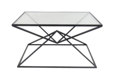 Trendy Square Metal Cocktail Table With Glass Top, Black