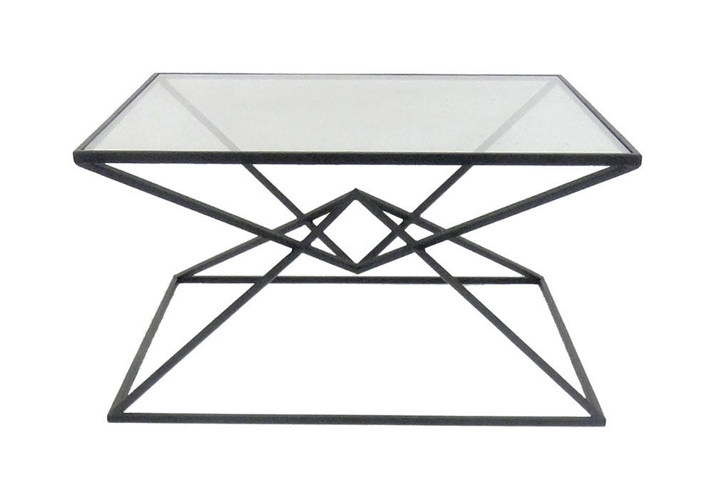 Trendy Square Metal Cocktail Table With Glass Top, Black