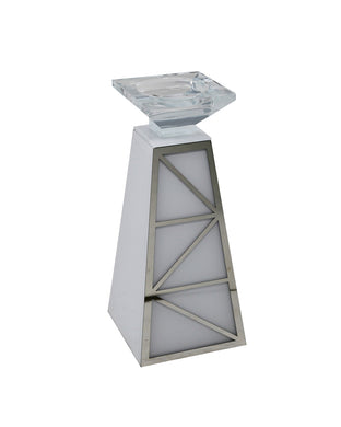 Alluring Pillar Shaped Glass Candle Holder, White & Silver