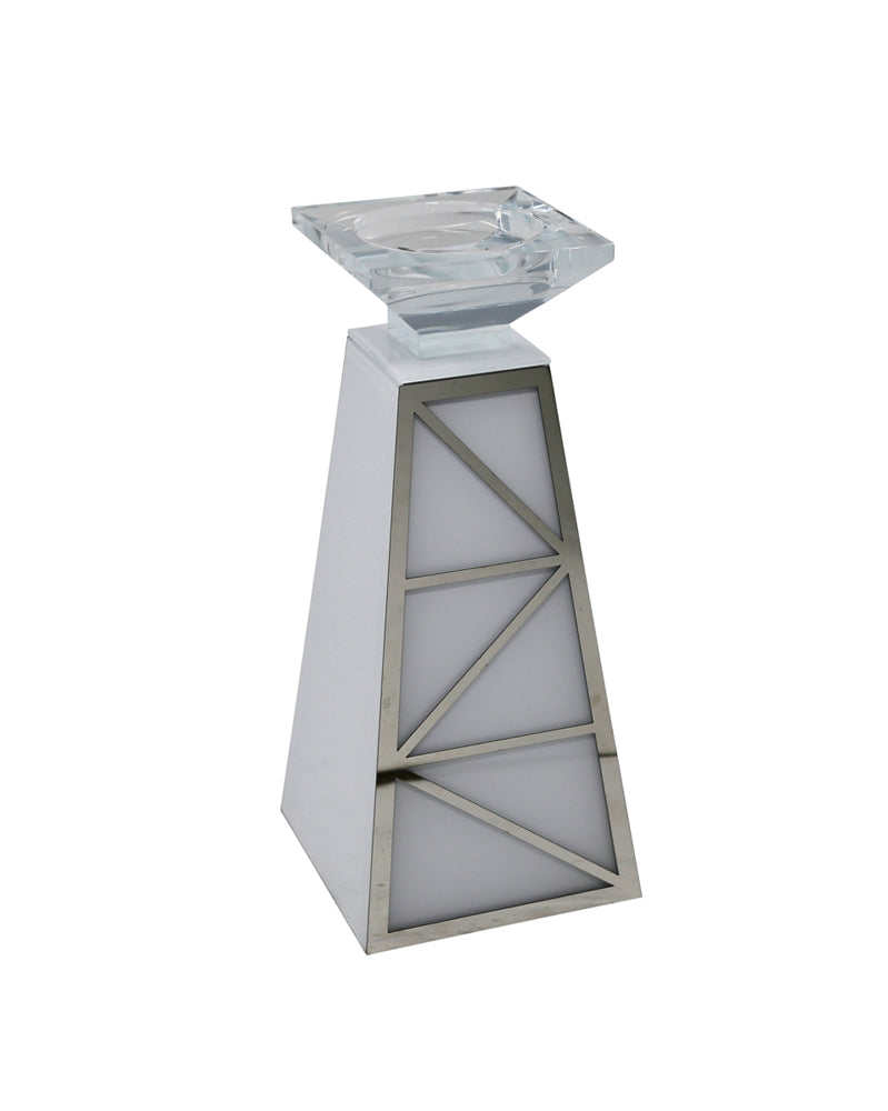 Alluring Pillar Shaped Glass Candle Holder, White & Silver