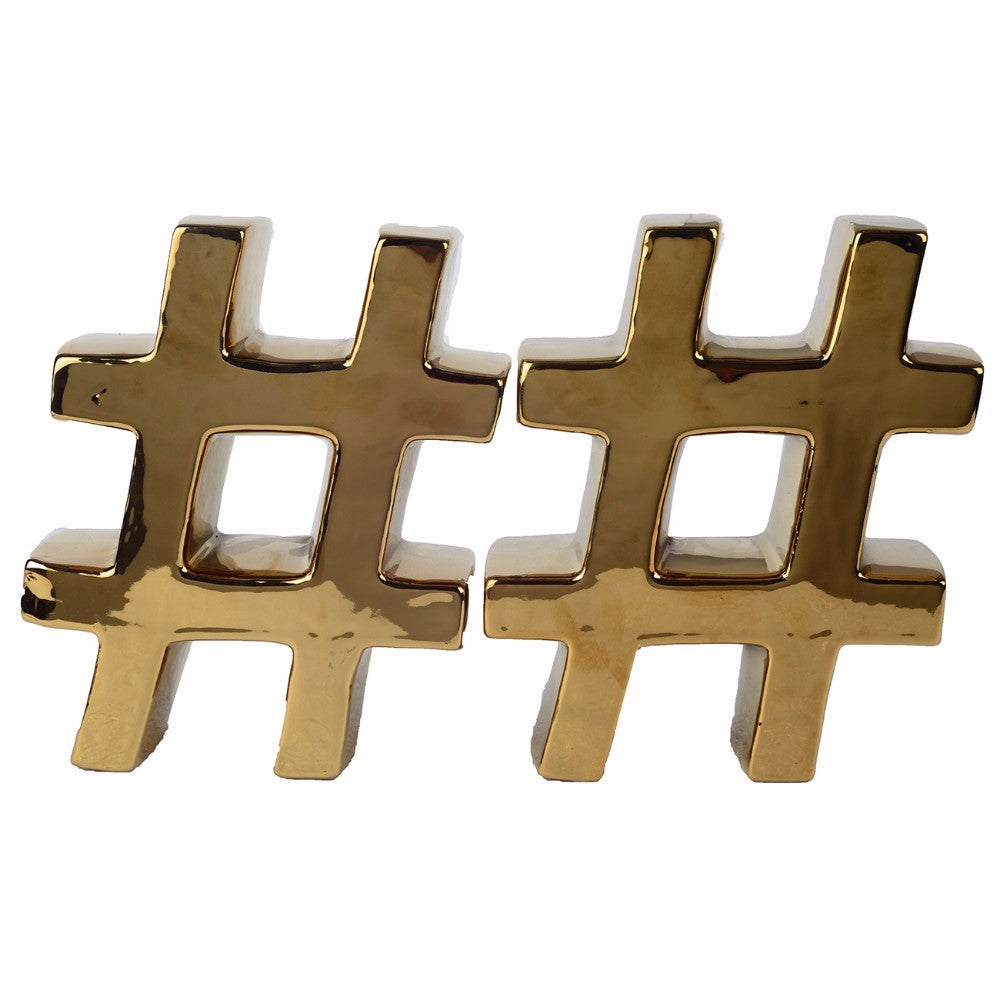 Urban Vogue Ceramic Hashtag Bookends, Gold, Set of 2