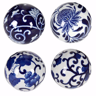 Urban Ceramic decorative Orbs, Blue and White, Set of 4
