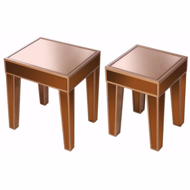Wooden Accent Side Tables With Mirrored Top, Set of 2, Brown