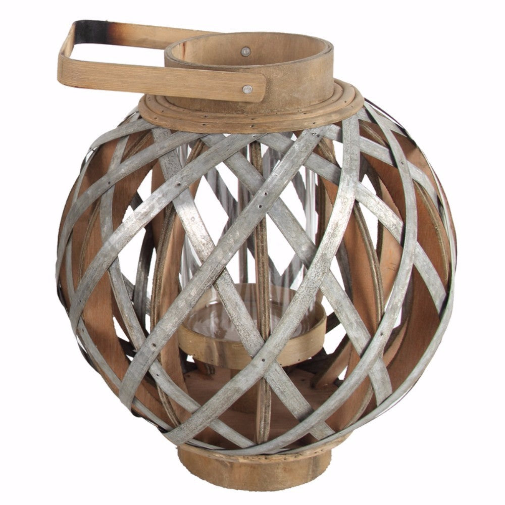 Wood and Metal Round Shanghai Lantern, Silver and Brown
