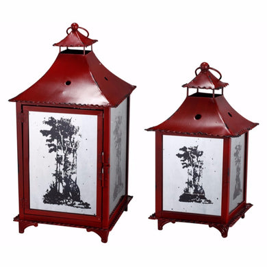 Vibrant Metal Candle Lanterns with Tree Pattern, Set of Two, Red