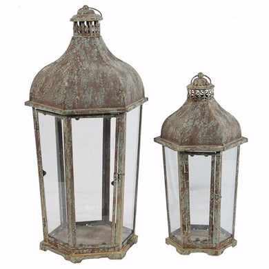 Antique Candle Holder Lanterns With Loop Handle, Set of Two, Gray