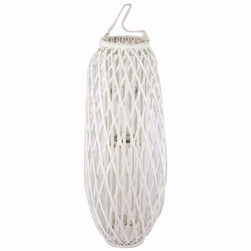 Wicker Avon Lantern With Glass Hurricane, White
