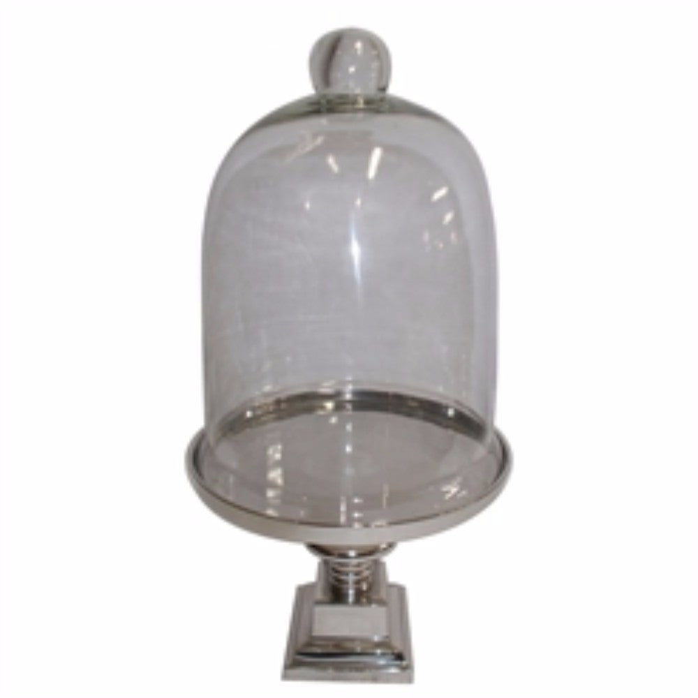 Tall Aluminum & Glass Domed Cake Stand, Clear And Silver
