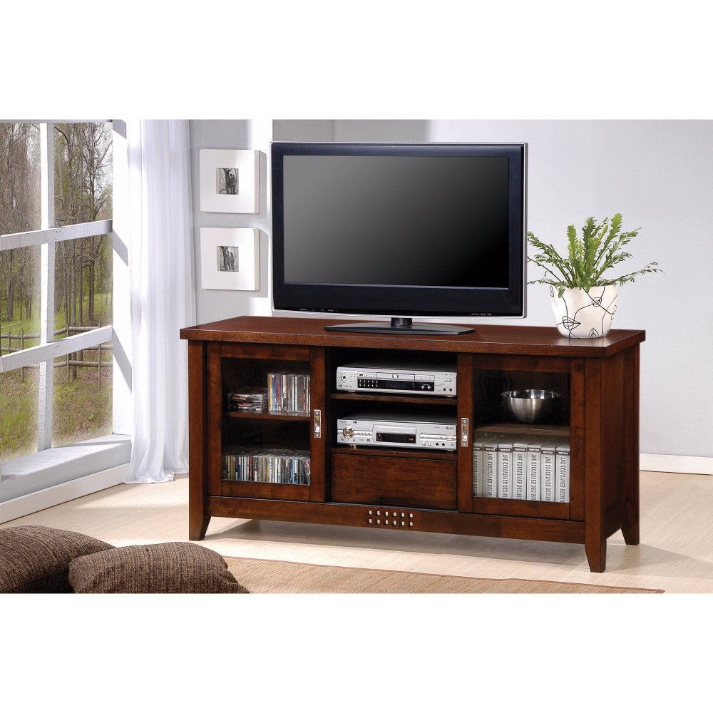 Transitional TV Console with Doors and Shelves, Brown