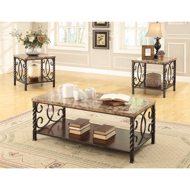 3 Piece Occasional Set with Faux Marble Top, Dark Brown