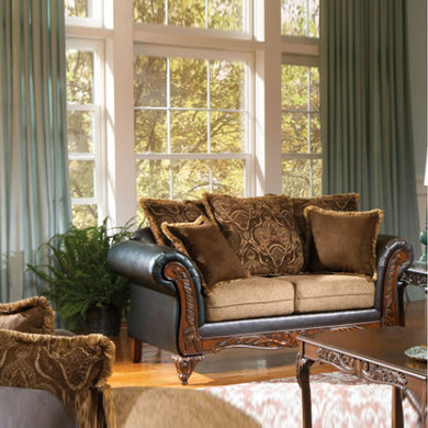 Voguish Wooden Sofa With 6 Pillows, Brown