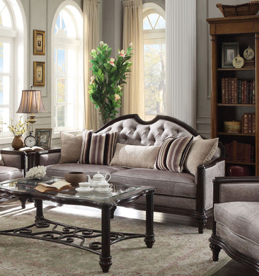 Traditional Sofa with 5 Pillows, Gray and Brown