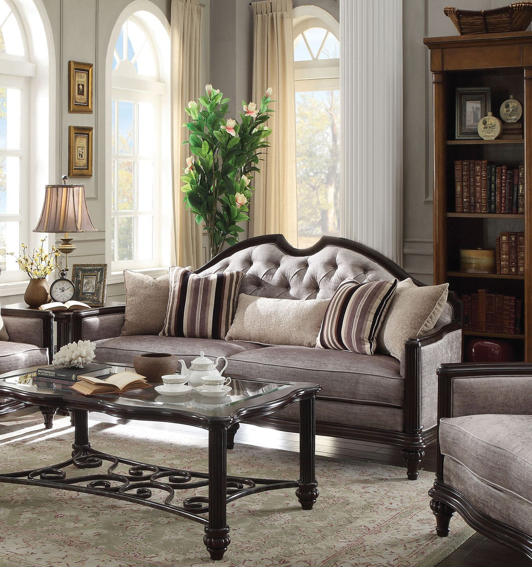 Traditional Sofa with 5 Pillows, Gray and Brown