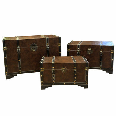 3 Piece Of Traditional Style Sturdy Wooden Trunk, Brown