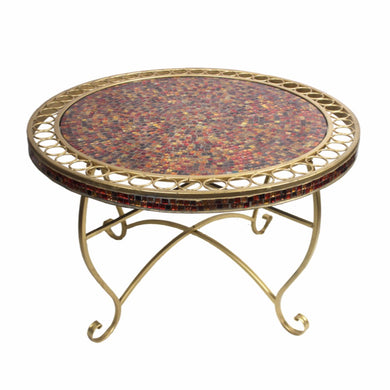 Alluring Round Metal Table with Mosaic Motif, Gold